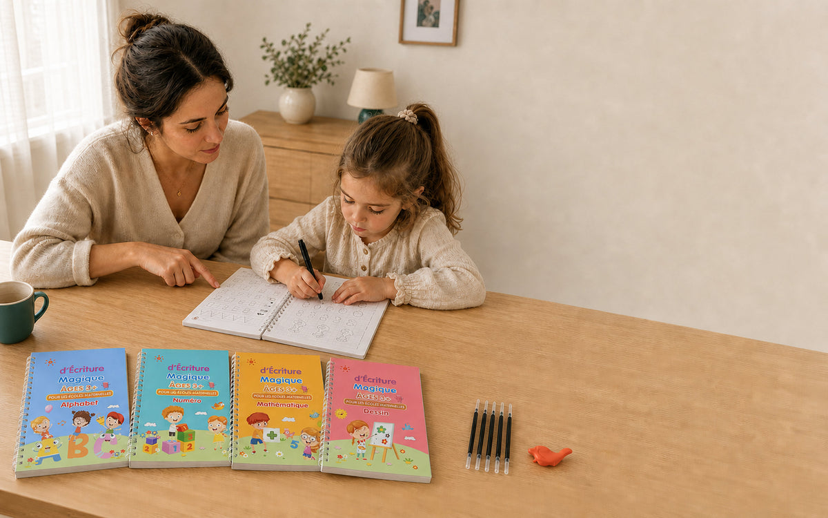 Un parent et un enfant à table, le cahier ouvert, dix minutes de pratique calme