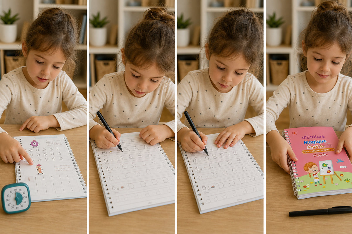 Deux pages de pratique d’un même enfant, côte à côte