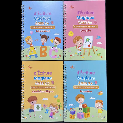 Les quatre cahiers : Alphabet, Dessin, Mathématique, Chiffres